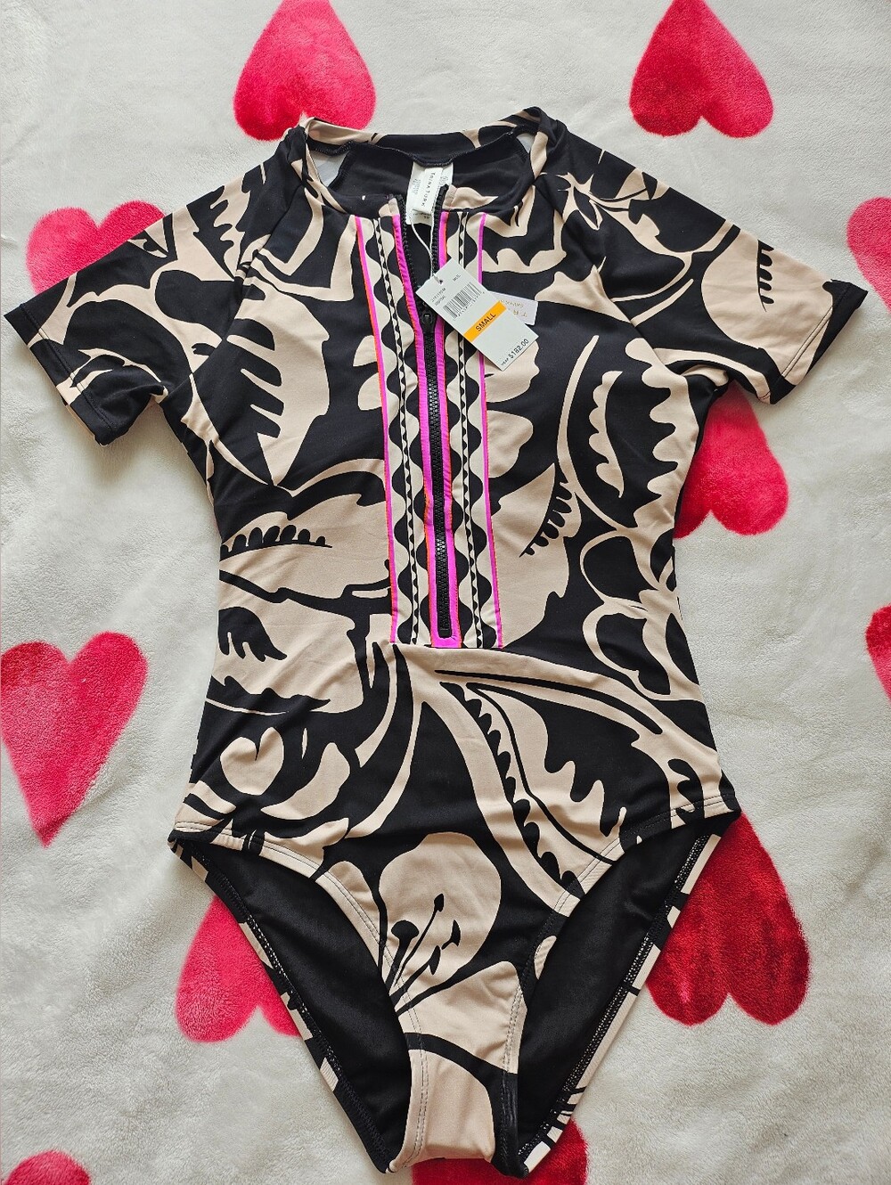 Trina Turk Black & Beige Short-Sleeve One-Piece Swimsuit with Pink Trim